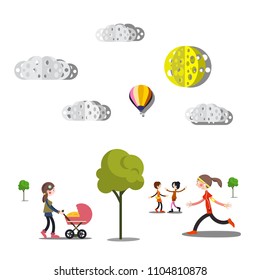 People, Trees and Paper Cut Clouds on White Background