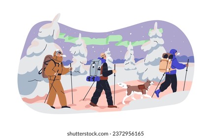 People trekking on winter holiday. Hikers and dog walking in snow, cold weather. Friends tourists hiking with poles. North adventure, travel. Flat vector illustration isolated on white background