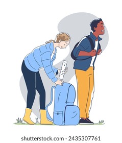People in trip linear. Man and woman with blue backpack at nature. Tourists and travellers walk outdoor. Holiday and vacation. Doodle flat vector illustraton isolated on white background
