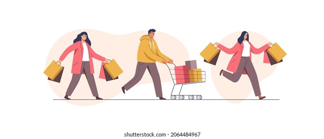 People with trolleys full of purchases and gifts. Womans and man with packages. Buyers have fun doing shopping. Black Friday, seasonal sale, discount coupon. Vector illustration.