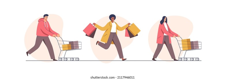 People with trolleys full of purchases and gifts. Mans and womans with packages. Buyers have fun doing shopping. Black Friday, seasonal sale, discount coupon. Vector illustration.