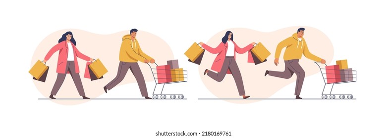 People with trolleys full of purchases and gifts. Mans and womans with packages. Buyers have fun doing shopping. Black Friday, seasonal sale, discount coupon. Vector illustration.