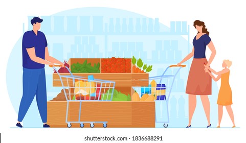 People with trolleys in vegetable department in supermarket, woman with baby in supermarket, man shopping. Vector illustration