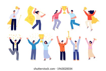 People with trophy. Office reward, success celebration teamwork. Employee winning, flat victory person group, business award utter vector set