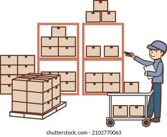 People and trucks working in the warehouse.