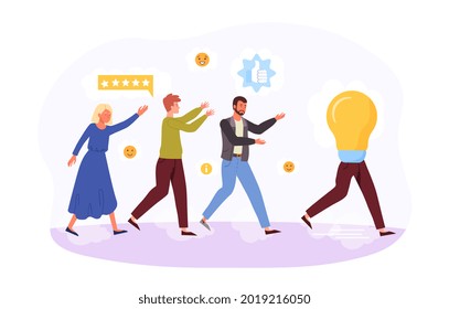 People try to catch up running away light bulb, escape idea, unreachable thinking, looking for new idea. Flat cartoon illustration vector concept web banner design isolated on white background