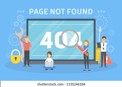 People try to fix broken website. 404 error page not found concept. Flat vector illustration of internet connection problem with word cloud on the background