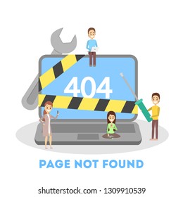 People try to fix broken website banner. 404 error page not found concept. Flat vector illustration of internet connection problem. Vector illustration in cartoon style