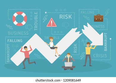 People try to fix the falling down arrow as metaphor of business crisis. Finance fall and failure. Economic dicrease. Flat vector illustration