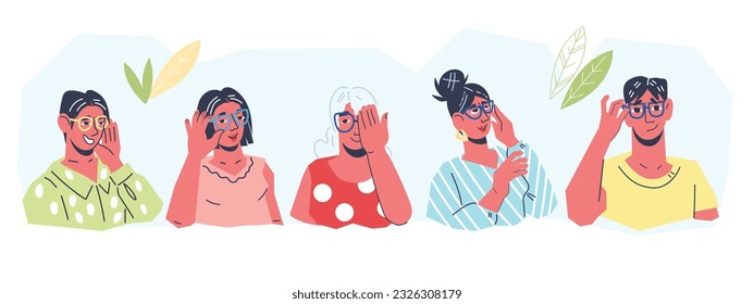 People try on glasses in an optics store, flat vector illustration isolated on white background. Optics and optometry, vision correction and fashion eyewear concept.