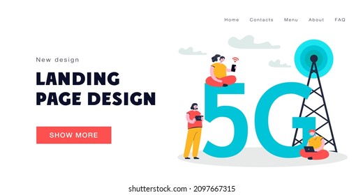Gente tratando de atrapar conexión a Internet 5G. Jóvenes estudiantes con laptops y teléfonos móviles usando Internet inalámbrico de ilustración vectorial plana. Tecnología de red, concepto de conexión