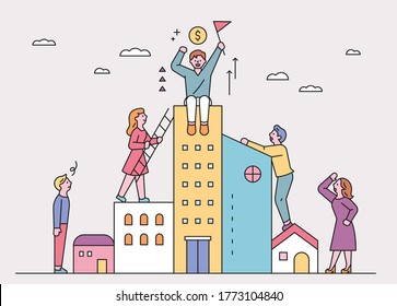 People Are Trying To Climb Onto A Taller Building. Flat Design Style Minimal Vector Illustration.