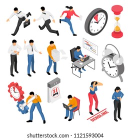 People trying to finish tasks before deadline isometric icons set isolated on white background 3d vector illustration
