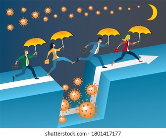 Gente tratando de superar la crisis de la corona. Ilustración vectorial.