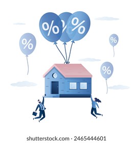 People trying to keep the house from floating with balloons. Real estate inflation. Effect of inflation on housing prices. Real estate market that varies according to economic conditions. Flat vector