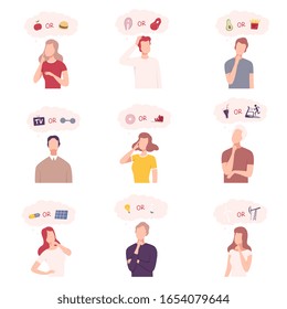 People Trying to Make Decisions Set, Men and Women Thinking about Environmental Protection, Healthy and Unhealthy Food Flat Vector Illustration