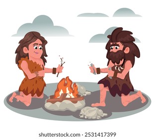People trying to make fire with sticks and stones. Cavemen and ancient life and culture. Man and woman sitting near flames and clouds of smoke. History and development of cavemen. Vector in flat style