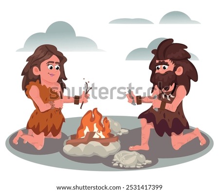People trying to make fire with sticks and stones. Cavemen and ancient life and culture. Man and woman sitting near flames and clouds of smoke. History and development of cavemen. Vector in flat style
