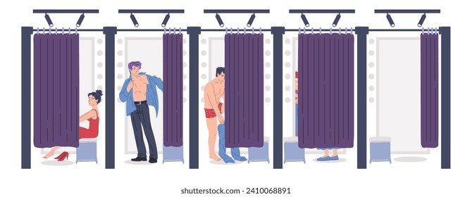 People trying on clothes in fitting rooms in store. Men and women put on outfits in front of mirror in shopping booth closed with curtains. Flat vector illustration design for banner, card.