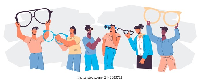 People trying on stylish eyeglasses and optical accessories at optical store. Optometry needs and eyesight exams concept, flat vector illustration isolated on background.