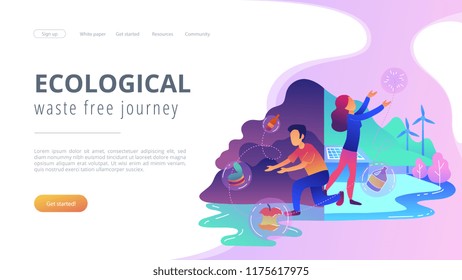 People trying reach zero waste. Technology of ecological waste free journey focusing on landfill trash. Ecological, waste free journey landing page, violet palette. Vector illustration on background