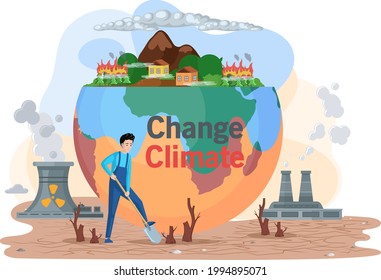 La gente está tratando de salvar el medio ambiente en la Tierra. Planeta rodeado de tuberías de fábrica y tierra sin vida con grietas, contaminación ambiental, fábricas contaminan el aire con humo, desastre ecológico