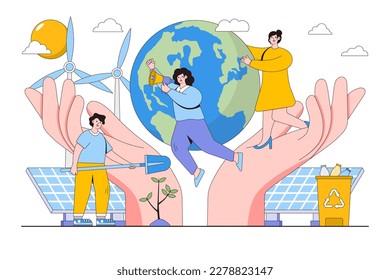 People trying to save planet from climate change and global warming. Person planting trees. Environmental and earth day vector cartoon illustration for landing page, web banner, hero images.