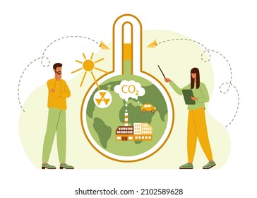 People trying to save planet earth from climate change, global warming. Solar radiation, factory and car emitting co2 gas, thermometer show high temperature. Concept flat cartoon vector illustration