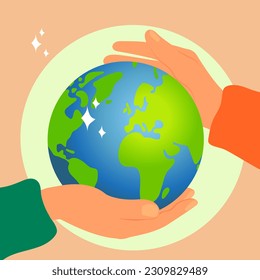 People trying to Save Planet Earth. Woman and Man holding the Planet Earth. Global Warming and Climate Change Concept. Flat Cartoon Vector Illustration.