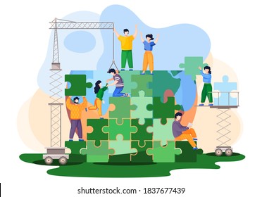 People trying to save world ecology. Volunteers male and female characters are working together building a green planet from blocks of puzzles. Earth day environment saving and nature care concept