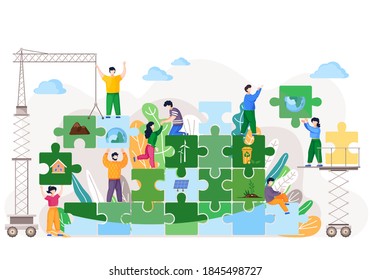 People trying to save world ecology. Volunteers male and female characters are working together building a green planet from blocks of puzzles. Earth day environment saving and nature care concept