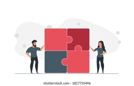 People are trying to solve the puzzle together. Man and woman team solve problem together vector illustration