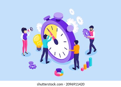 People trying to stop time. A man hangs on an arrow of a giant clock. Time management, Time limit, and Deadline concept. isometric vector illustration