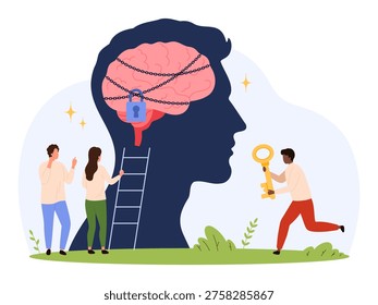 People trying to unlock chained brain inside human head symbolizing mental barriers, emotional struggle, psychological support, teamwork, and recovery isolated vector illustration