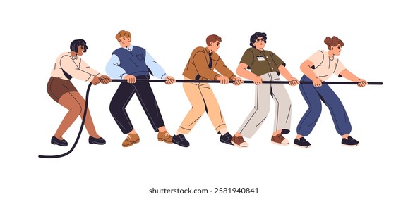 People tug of war. Concept of business confrontation. Employees team dragging, pulls rope. Group of office workers contest against competitors in teamwork. Flat isolated vector illustration on white