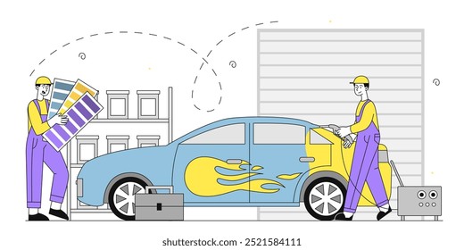 Leute, die Auto tunen. Männer in Uniform Farbe Auto und Fahrzeug. Modernisierung und Tuning, Reparatur. Service mit Transport und Auto. Lineare Vektorgrafik einzeln auf weißem Hintergrund