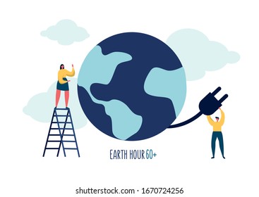 People turn off electricity on the planet. Earth hour banner. Flat vector illustration.