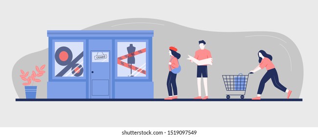 people turn to the store. the store is closed. big sale! vector illustration