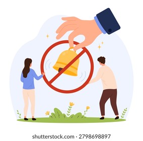 People turning off ringing bell with prohibition sign, big hand holding notification icon, concept of disabling alerts, mute sound, digital minimal flat style vector illustration