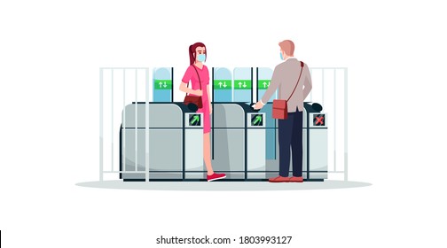 People at turnstile semi flat RGB color vector illustration. Commuters wearing face masks. Subway, metro, train station entrance security system. Isolated cartoon characters on white background