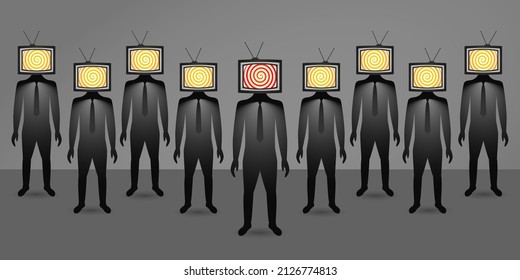 people with a TV instead of a head. the concept of the influence of the media and propaganda on a person's worldview. vector illustration. zombie tv