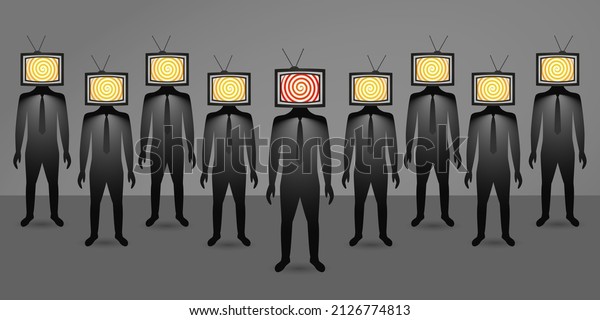 people with a TV instead of a head. the concept\
of the influence of the media and propaganda on a person\'s\
worldview. vector illustration. zombie\
tv