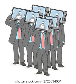 people with a tv instead of a head. the effect of tv on people. lack of own opinion. vector illustration.