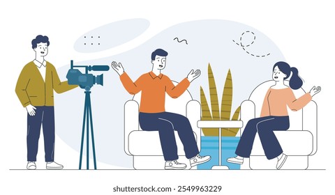 Personas en un programa de televisión. Hombre con cámara filma conversación entre anfitrión e invitado. Contenido para televisión. Entretenimiento, diversión y ocio. Ilustración vectorial lineal aislada sobre fondo blanco