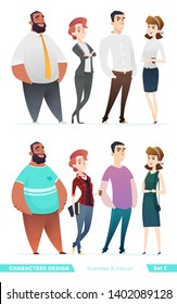 Gente con dos estilos de ropa diferentes. Colección de diseño de personajes en ropa de negocios e informal