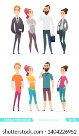 Gente con dos estilos de ropa diferentes. Colección de diseño de personajes en ropa de negocios e informal