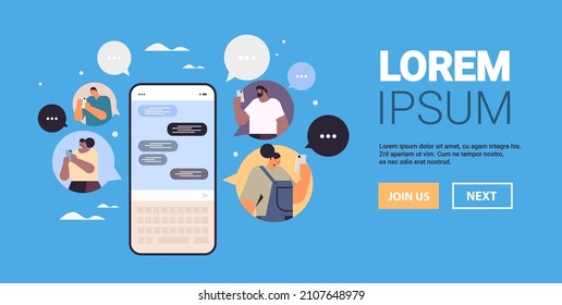 people typing message on smartphone mix race men women chatting in mobile app chat bubble communication
