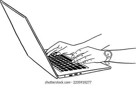 People typing on Laptop computer Business office Hand drawn line art Illustration