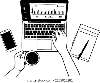 Menschen, die auf Laptop-Computer-Office-Tisch mit Smartphone und Kaffee-becher Business Handgezeichnete Kunstillustration