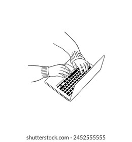 People typing on Laptop computer Business Office table Hand drawn line art illustration
